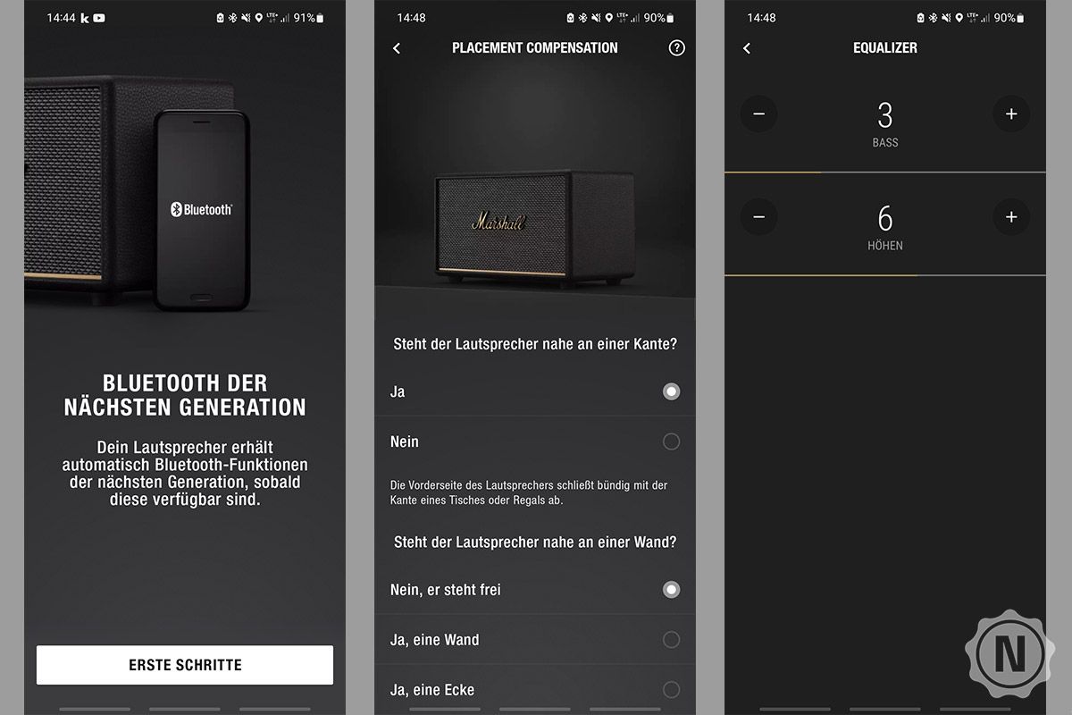 3 Screenshots aus der App nach Erststart, mit Aufstellabfrage sowie Equalizer-Optionen