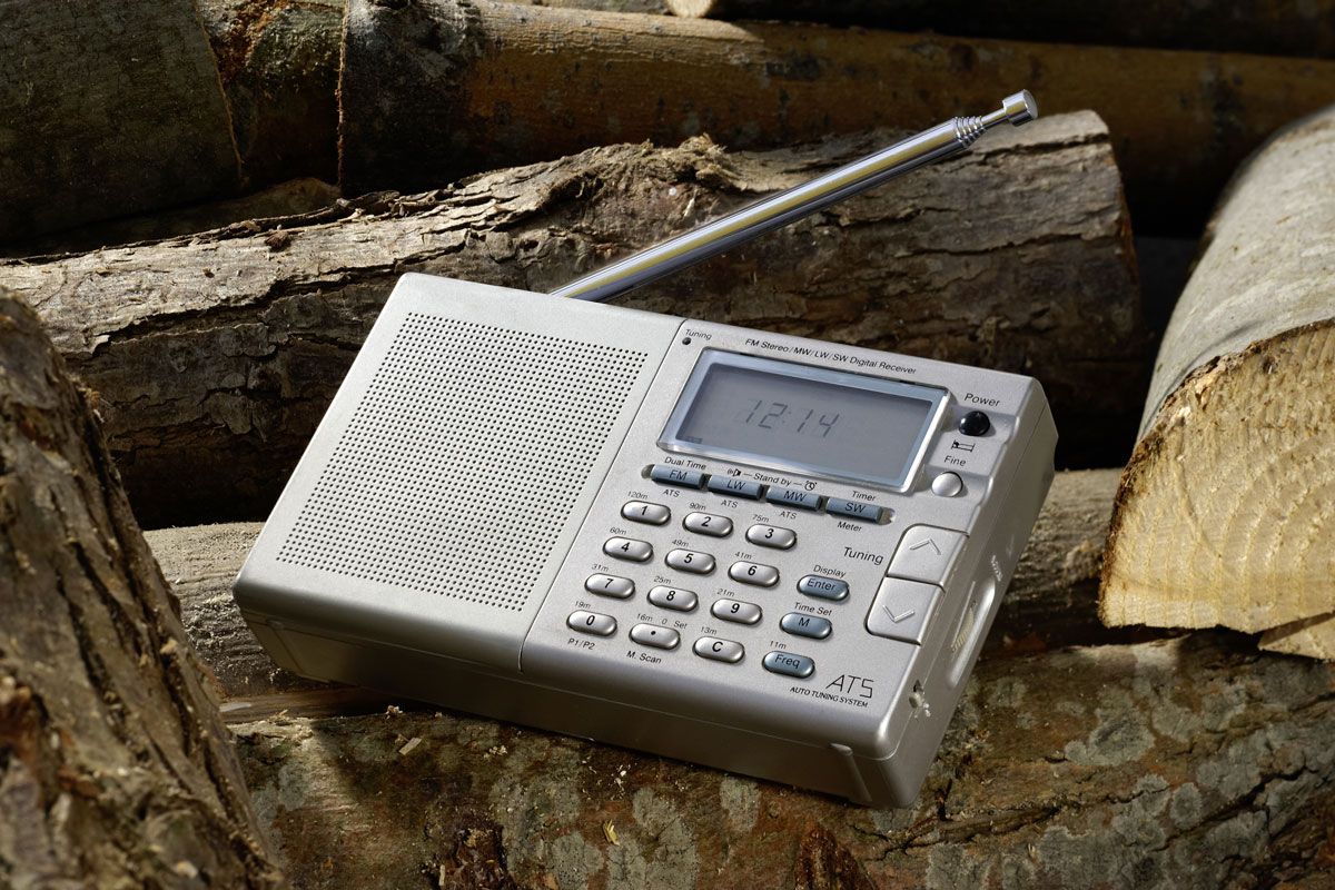 altes Radio liegt auf Holzstämmen