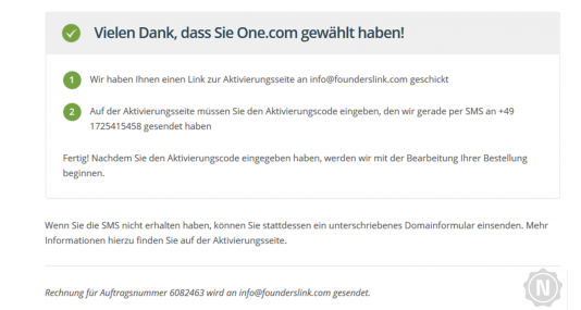 One.com Willkommens-E-Mail