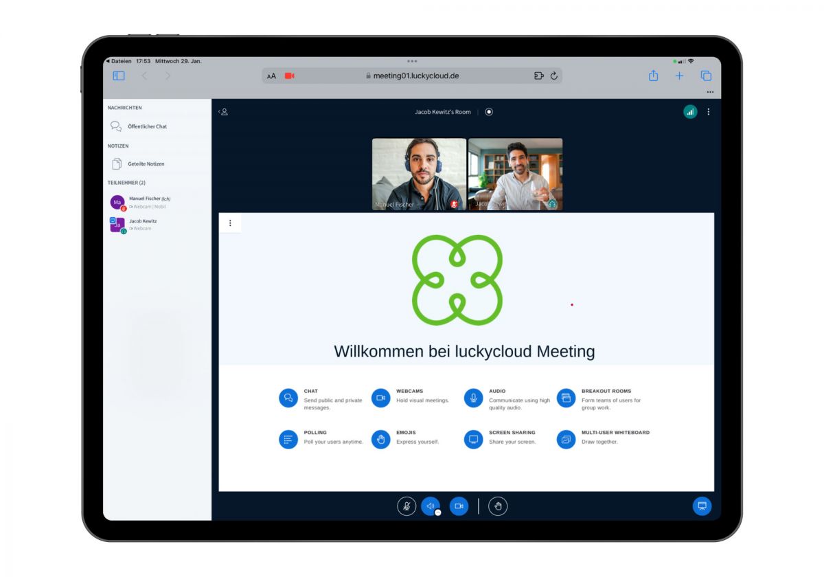 Ansicht luckymeeting: Videokonferenz mit zwei Teilnehmerkacheln