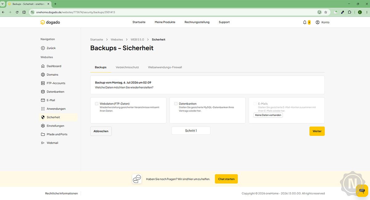 Einstellungen zu Back-ups von FTP-Daten, Datenabnken und E-Mails nehmen KundInnen unter dem Menüpunkt Sicherheit vor.