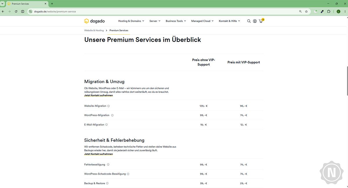 Uebersicht ueber verschiedene Premium-Services, die dogado anbietet.