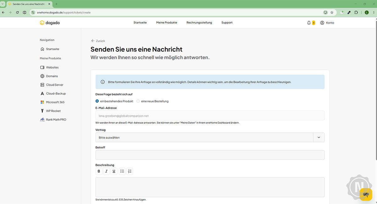 Im Kundenbereich steht ein Kontaaktformular fuer Support-Anfragen zur Verfügung.