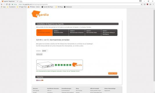 Egardia Webseite Registrierung Screenshot