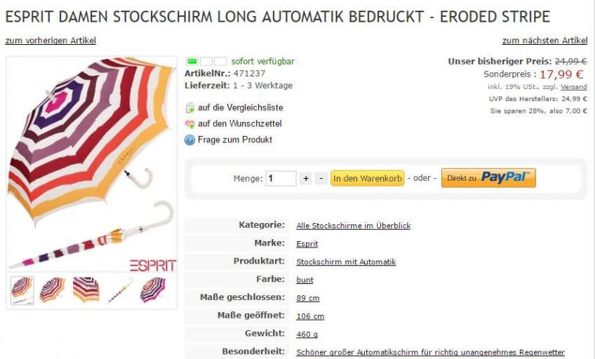 Regenschirm-Versand Produktseite