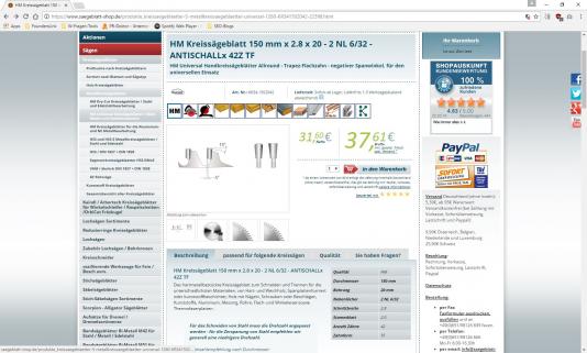 Sägeblatt-Shop produktseite Screenshot