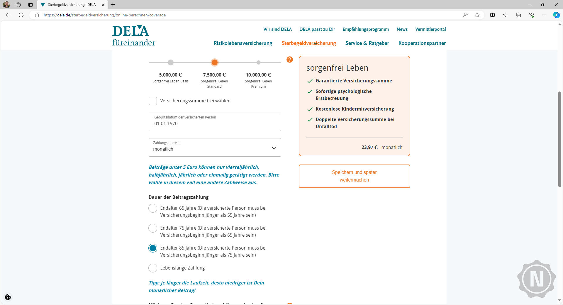 sterbegeldversicherung-dela-auswahl dauer der beitragszahlung in jahren