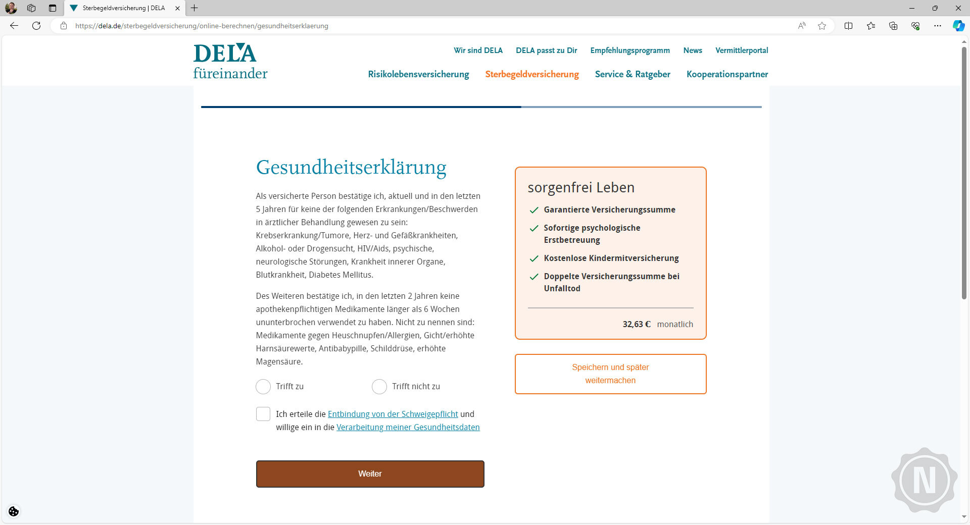 sterbegeldversicherung-zu sehen ist ein auswahlfeld zur angabe eines abschlusses mit oder ohne gesundheitsfragen