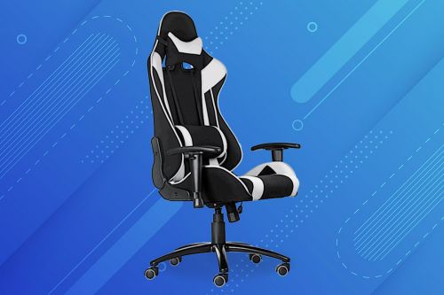 gaming-stuhl in schwarz-weissen design seitlich gesehen