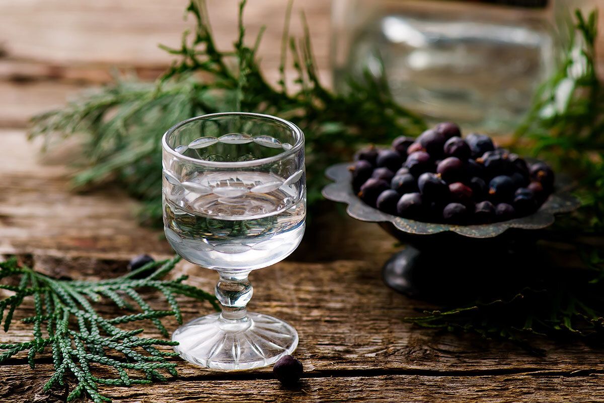 gin im shotglas mit wachholderbeeren