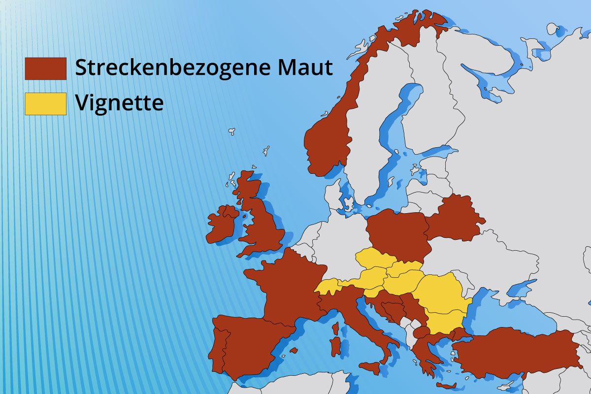 Eine Karte von Europa. Maut in braun und Vignette in gelb