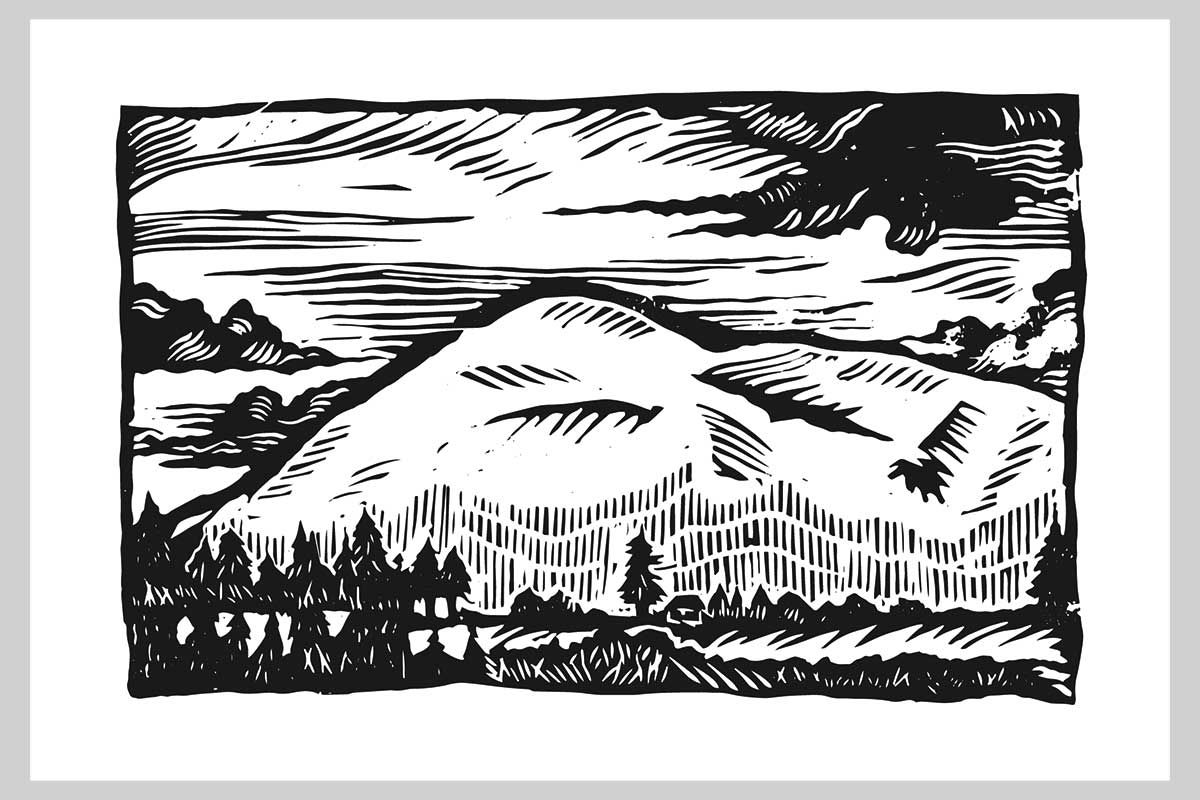 Landschaft mit Bergen im Linoldruck