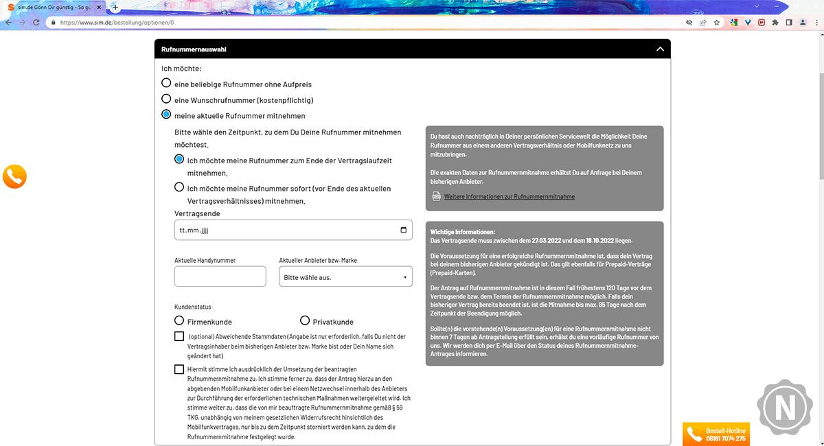 screenshot bestellvorgang neuer vertrag mit fokus auf rufnummernmitnahme