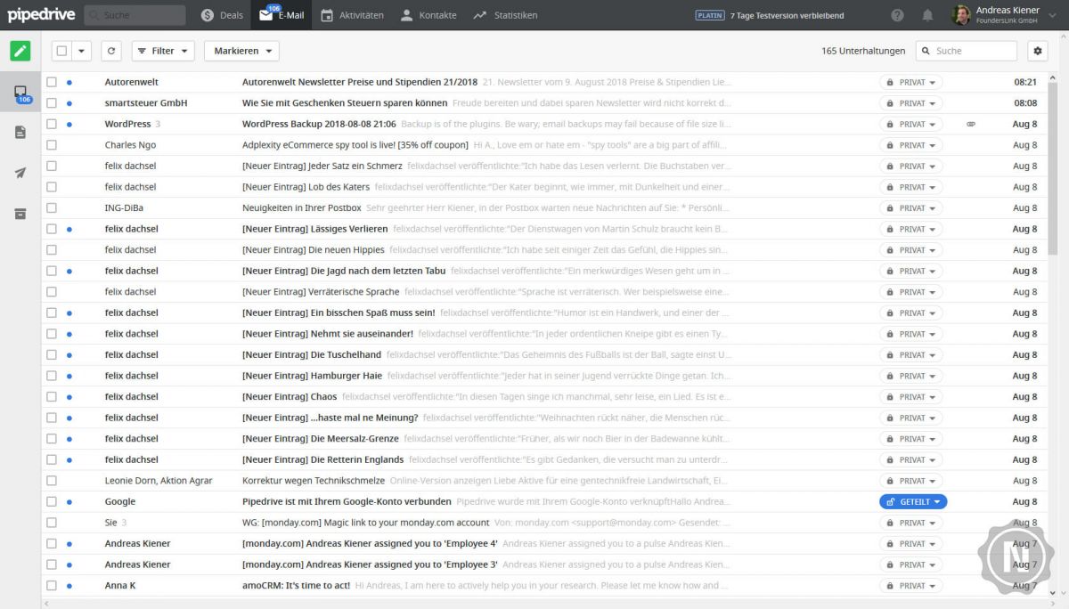 Ansicht vom E-Mail-Postfacht direkt in Pipedrive