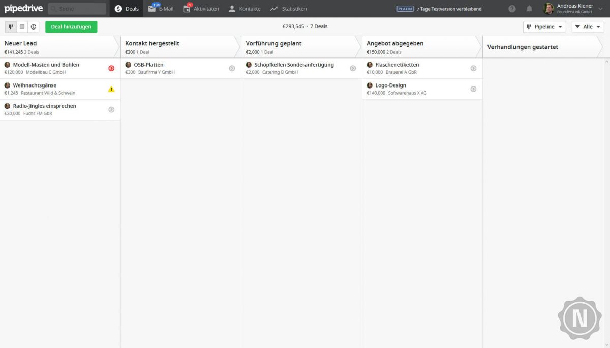 Screenshot von der Pipedrive Pipeline