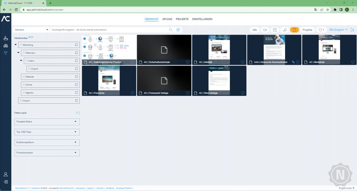 Screenshot Filteroptionen in AdmiralCloud