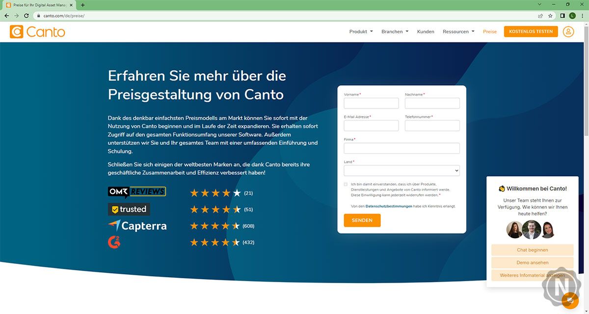 Formular zur Anfrage der Preise von Canto