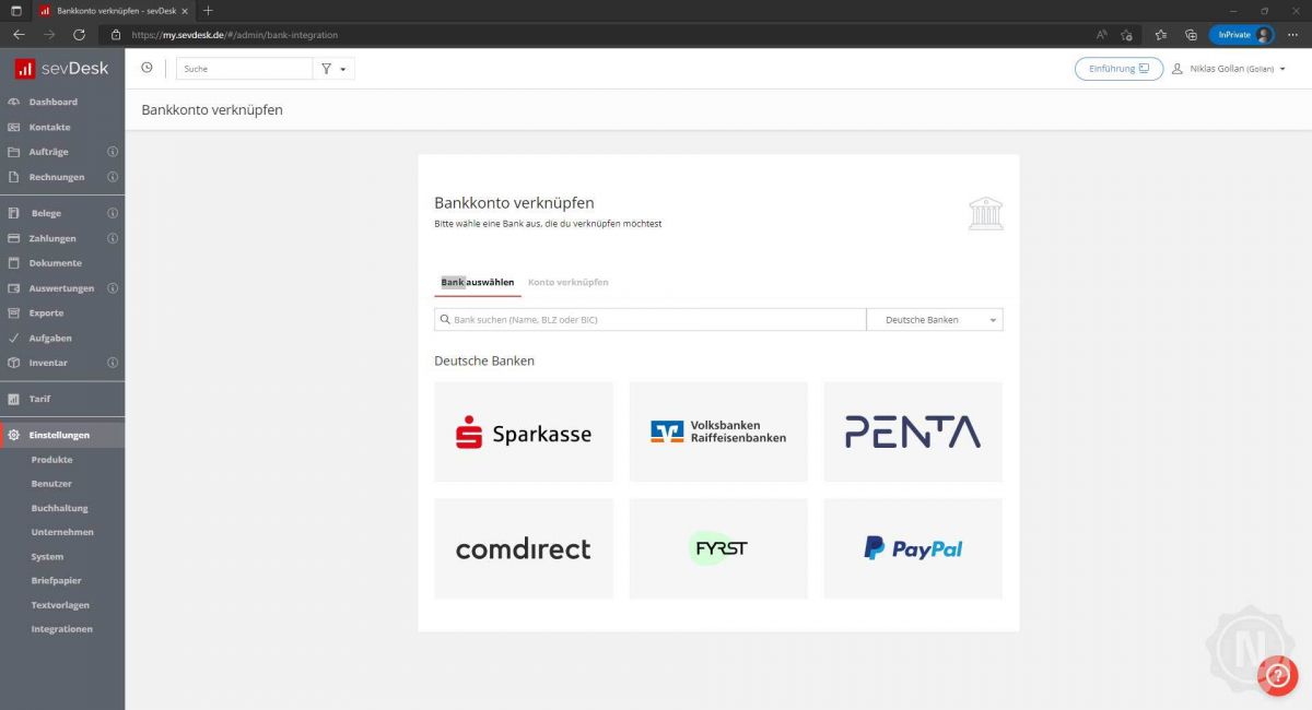 Screenshot zeigt Logos mehrerer Banken zur Online-Banking-Integration