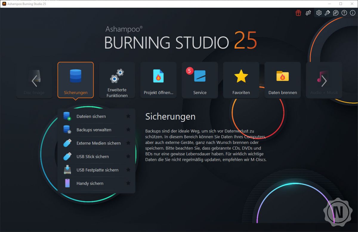 Ashampoo Burning Studio-Produktpalette Startbildschirm