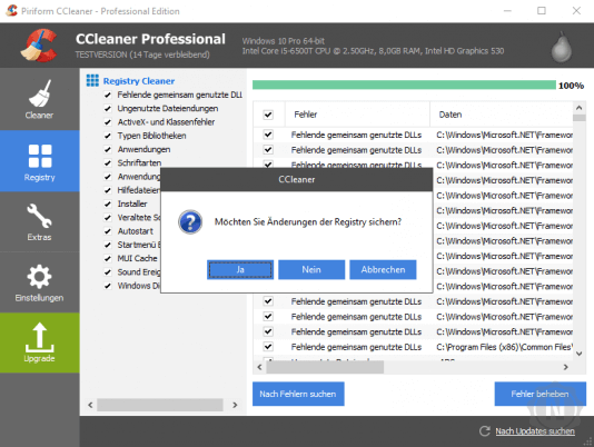 CCleaner Professional Registry sichern