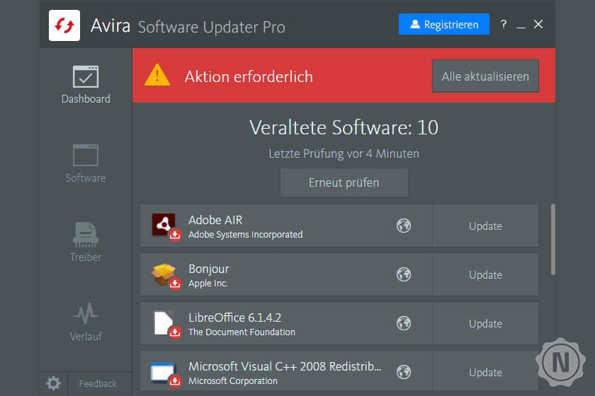 avira internet security software updater zeigt alter verschiedener programme und sucht nach updates
