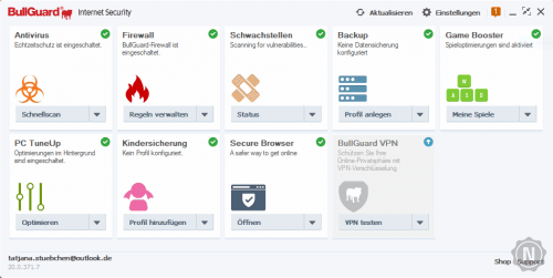 BullGuard Internet Security, Startbildschirm
