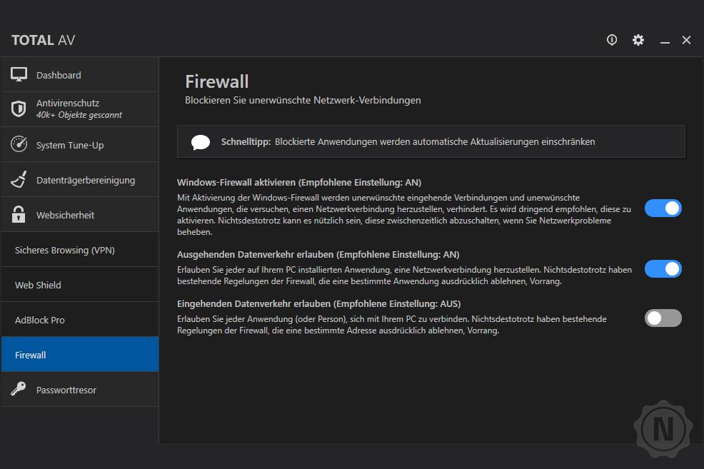 totalav einstellungsbereich firewall mit wenigen verfuegbaren optionen
