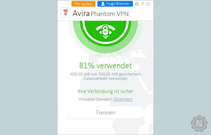 Screenshot von erfolgreicher Verbindung mit Avira Phantom VPN