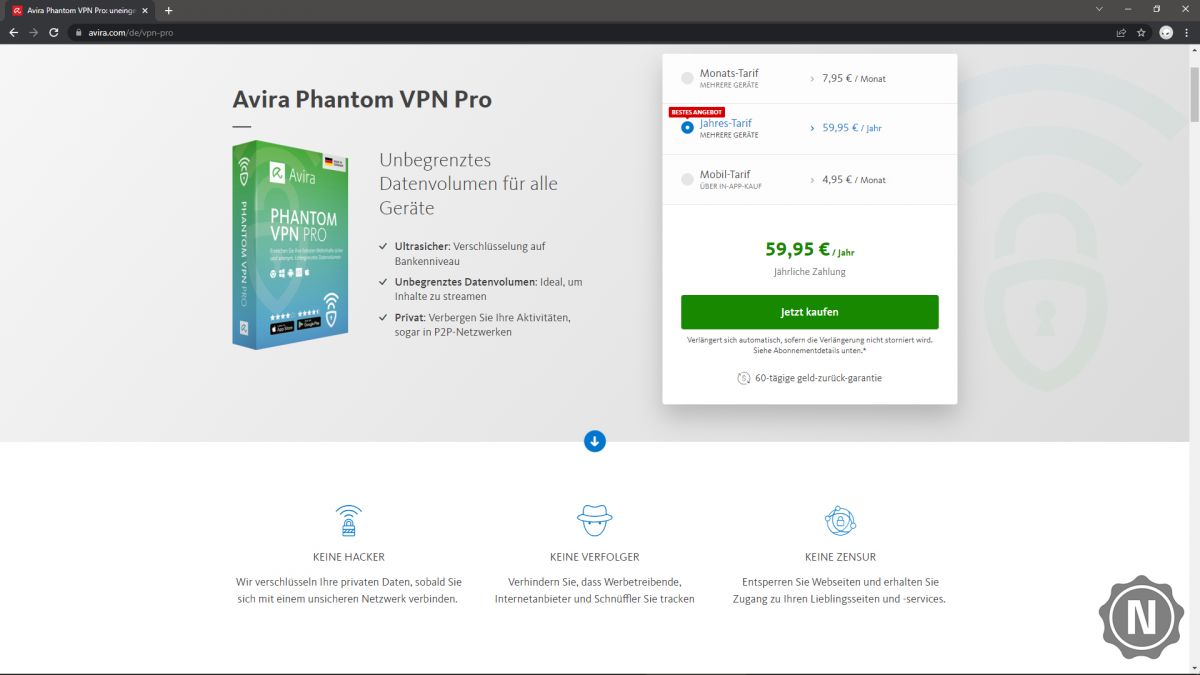 Screenshot von Vorteilen von Avira Phantom VPN