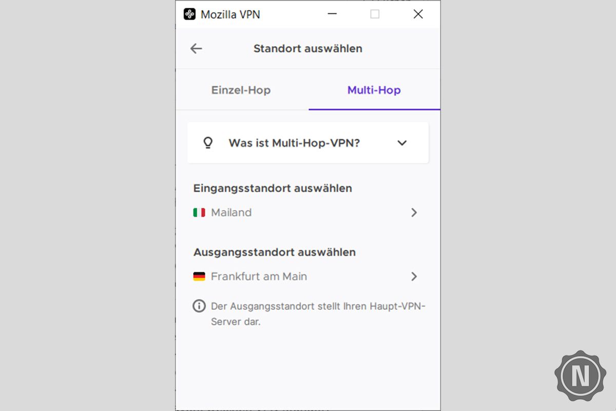 Screenshot von Mozilla VPN Multi-Hop-Funktion