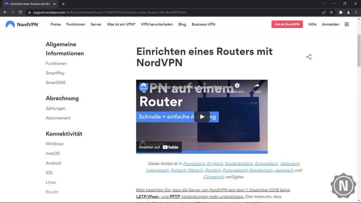 Screenshot von NordVPN Hilfe und Support